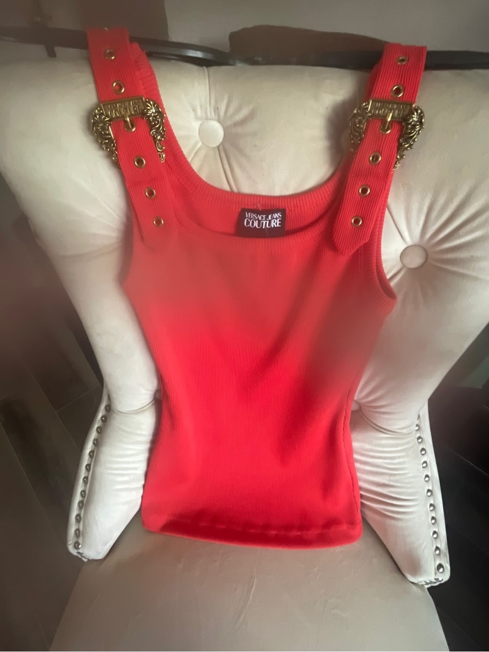 Versace Jeans Collection Orange Ribbed Tank with Gold Buckle Straps